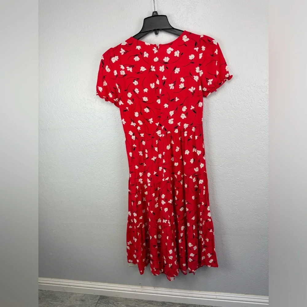 J. Crew Red Orange Floral Puff Sleeve Tiered Midi Dress sz.XS